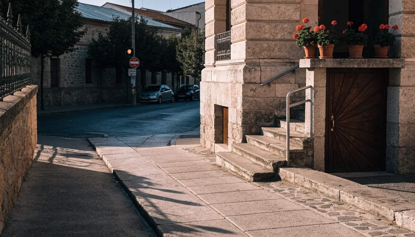 Calle española de provincias con oficinas municipales y una acera accesible