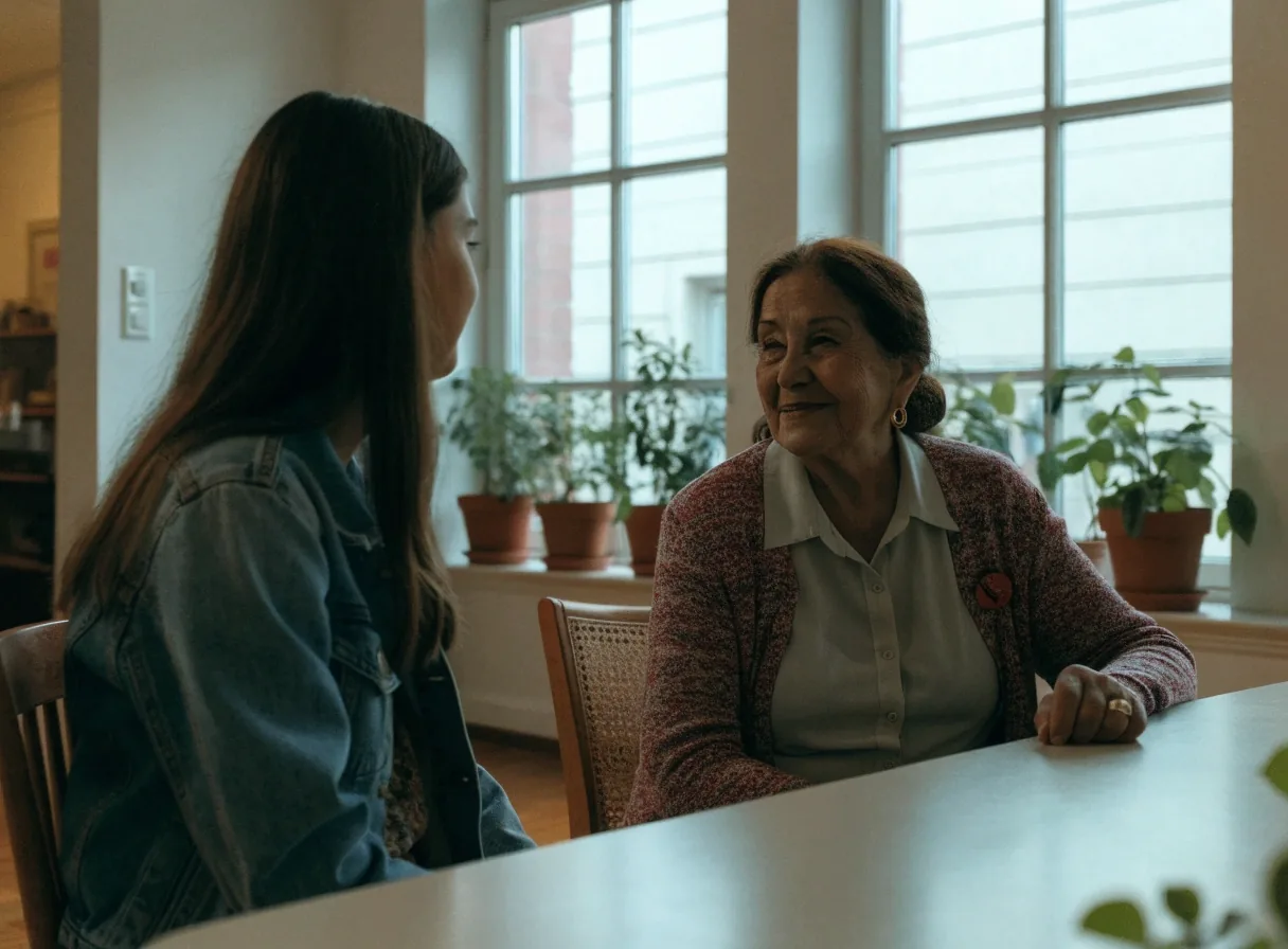 Dos personas revisando juntas una pantalla en un centro comunitario