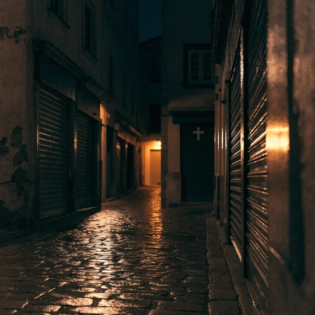 Calle de una ciudad española de noche después de la lluvia, con luz ámbar sobre el pavimento mojado
