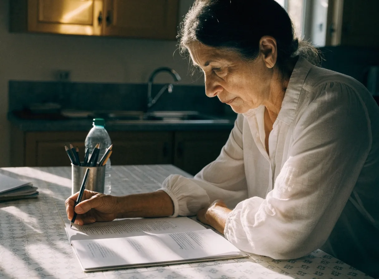 Mujer de unos sesenta años consultando información en un portátil sobre la mesa de la cocina