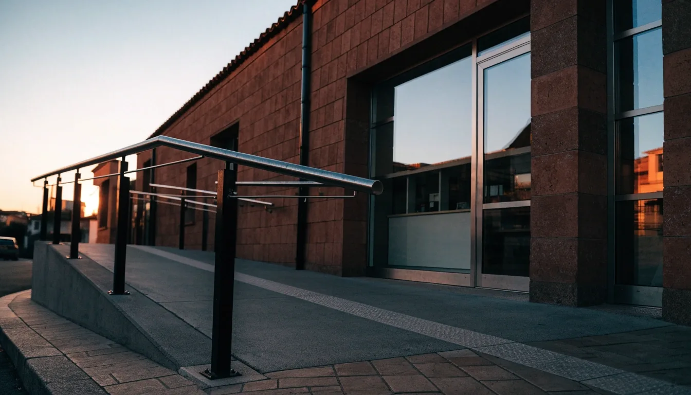 Entrada accesible de un centro de información vecinal en España, con rampa y barandilla al atardecer
