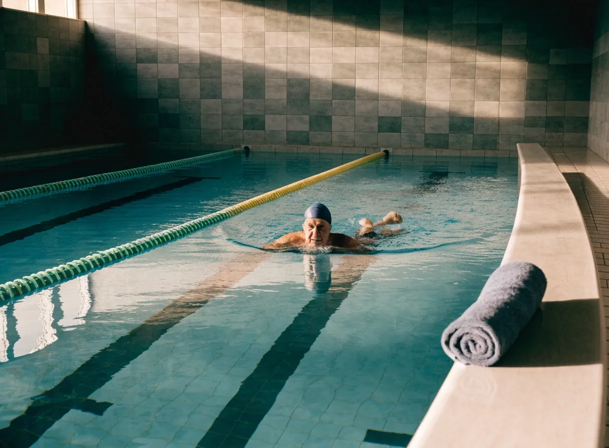 Vaso de una piscina municipal en calma con luz de mañana
