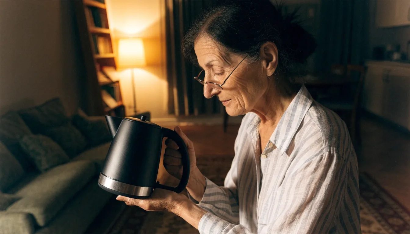 Persona adulta sentada a la mesa de su casa al atardecer, con gafas de lectura y un sobre cerrado junto a un cuaderno.