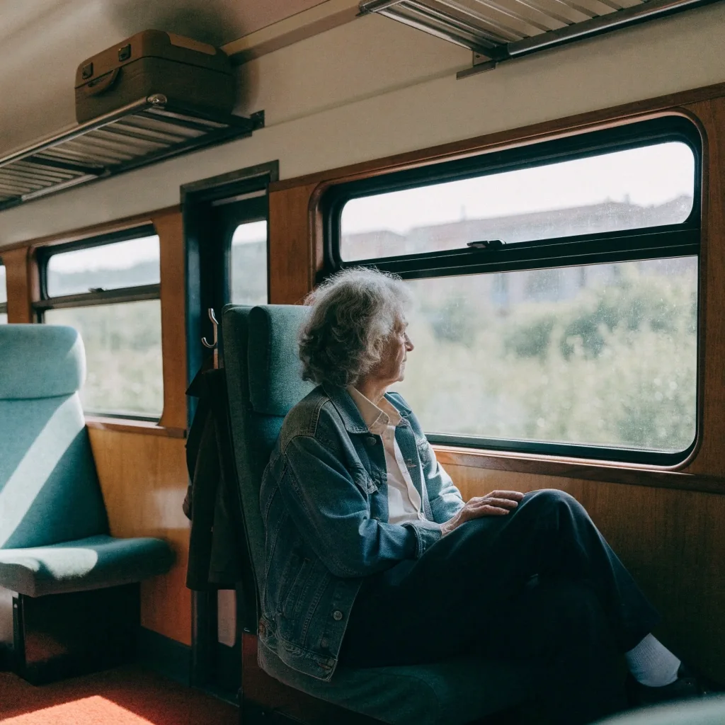 Andén de estación de tren regional española en una tarde nublada con un viajero esperando