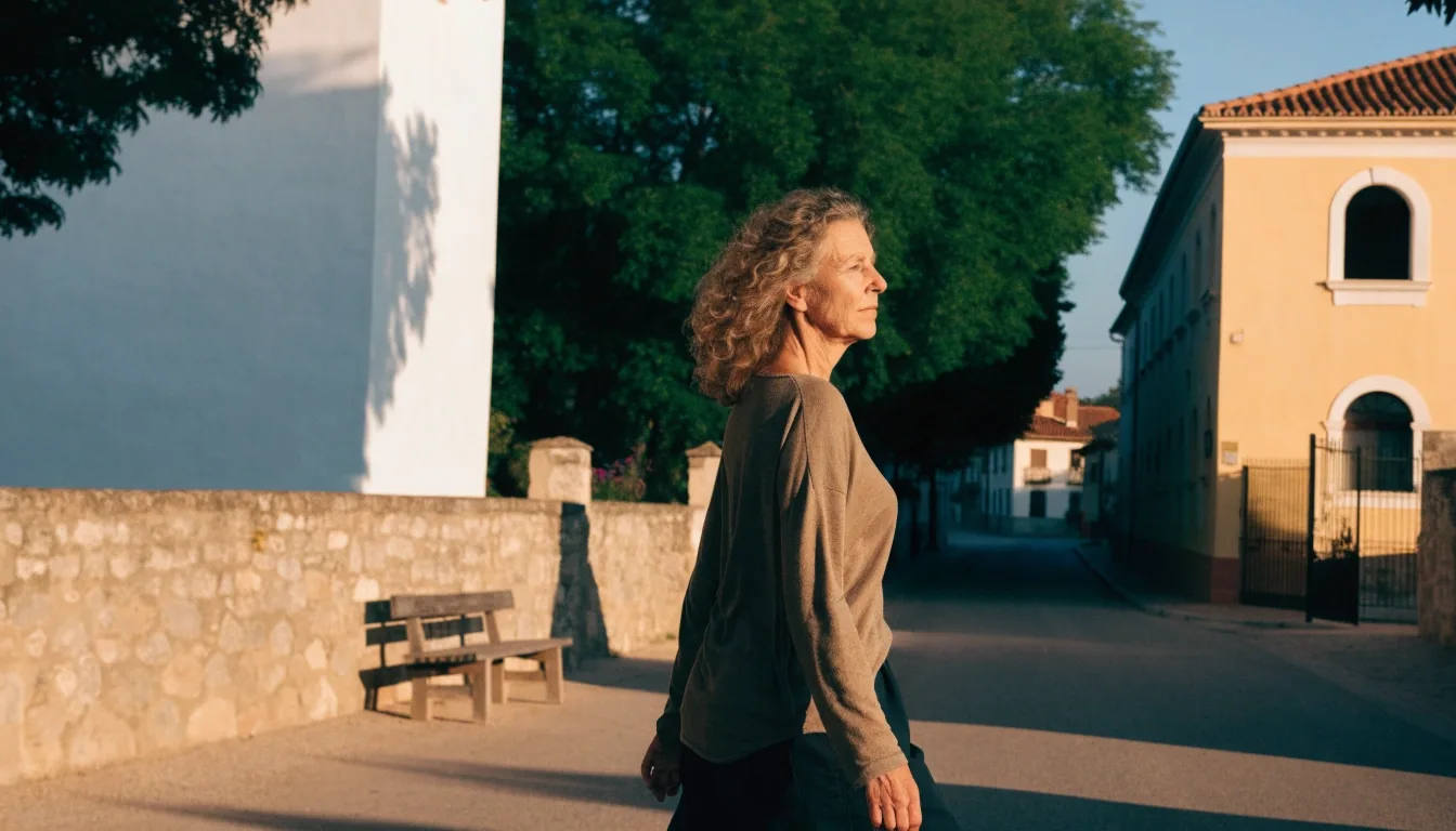 Mujer adulta paseando al atardecer por una calle arbolada de un pueblo español