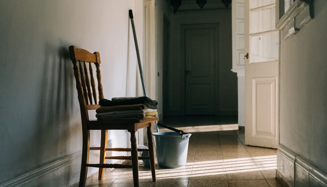 Pasillo de una vivienda española con útiles de limpieza y luz de mañana