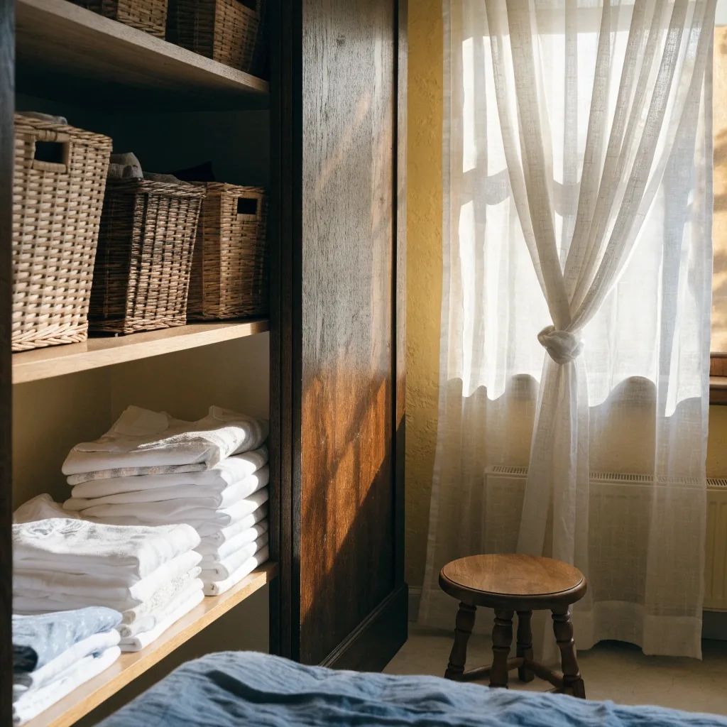 Armario empotrado de una vivienda española con ropa doblada y cestas de mimbre