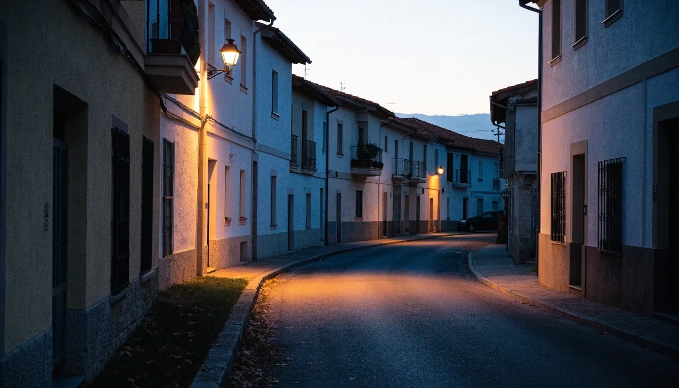 Calle residencial de un pueblo español al atardecer, con luz cálida de farola sobre el pavimento