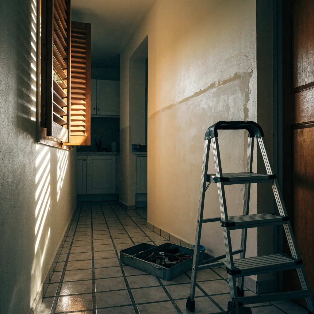Pasillo de una vivienda española con escalera plegable y caja de herramientas tras una reparación