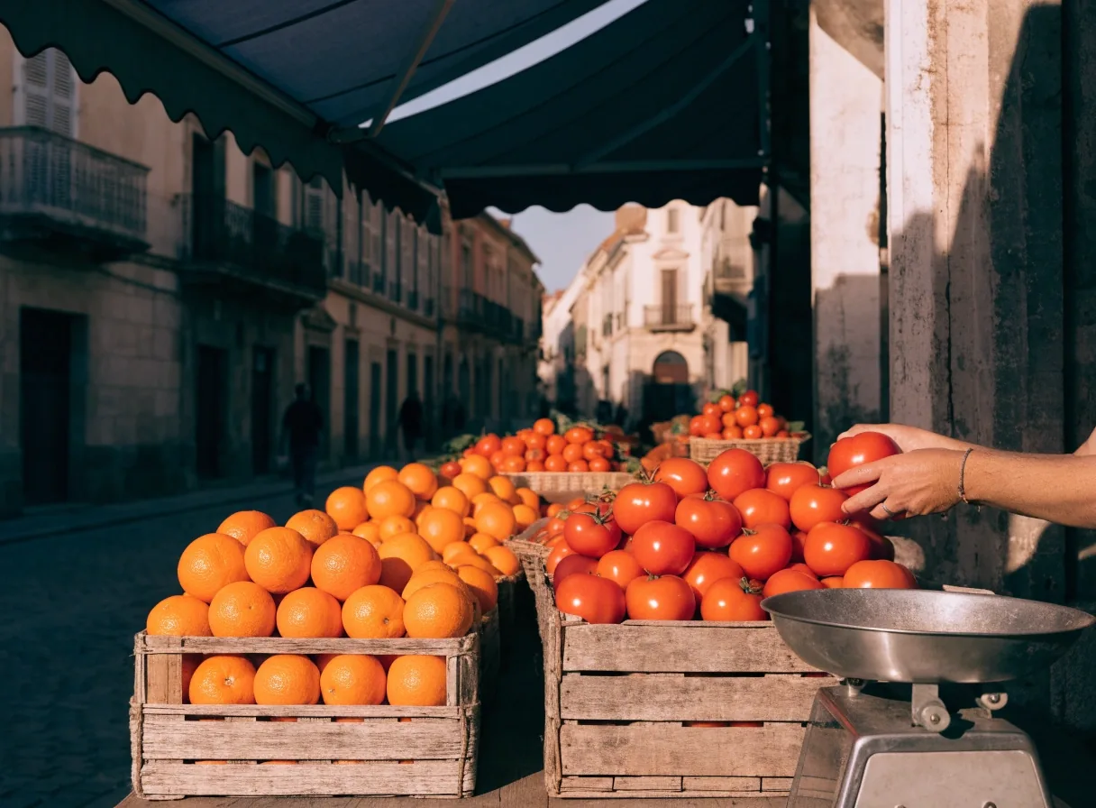 Puesto de mercado con cajas de fruta y verdura en una mañana de diario