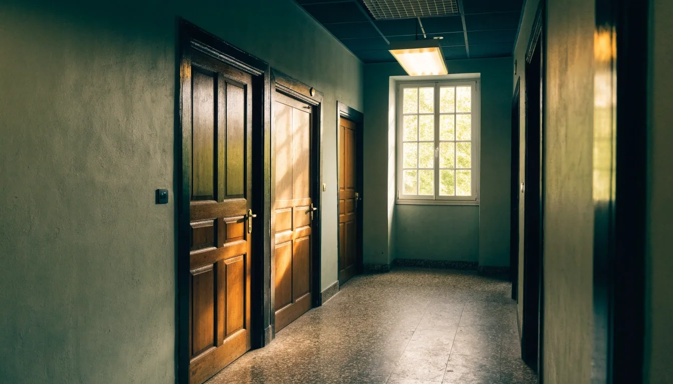 Pasillo de una oficina municipal española con luz de tarde