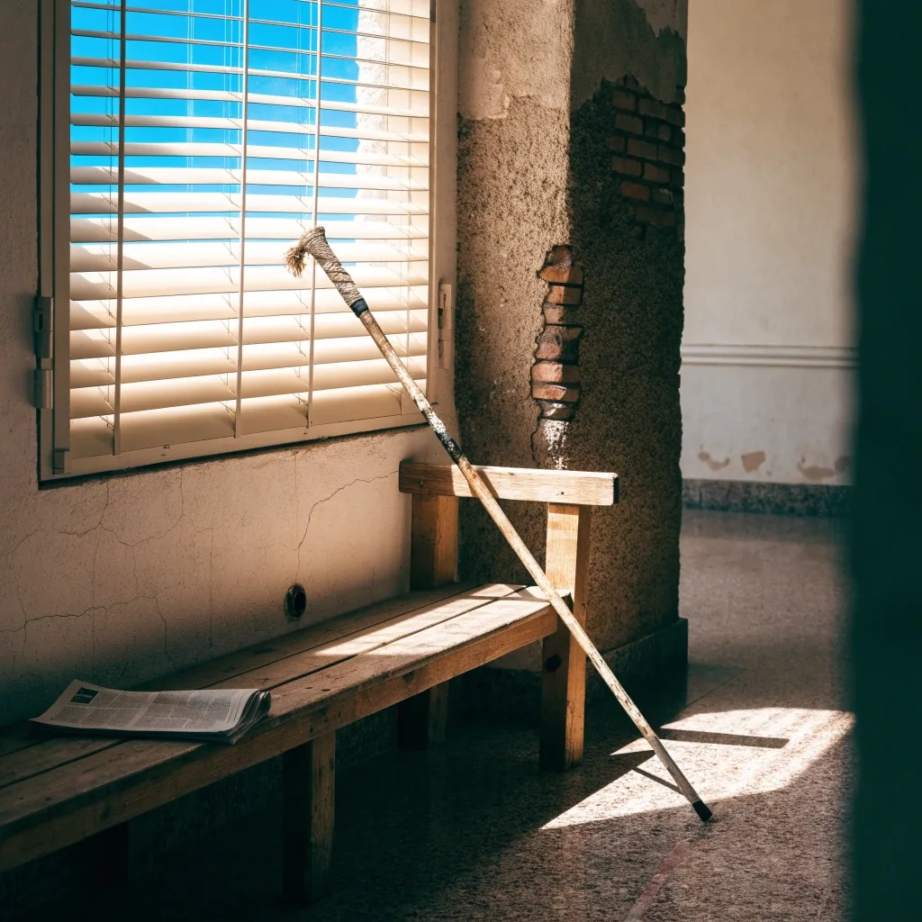 Pasillo de un centro cívico español con un banco de madera junto a una ventana y un periódico doblado encima