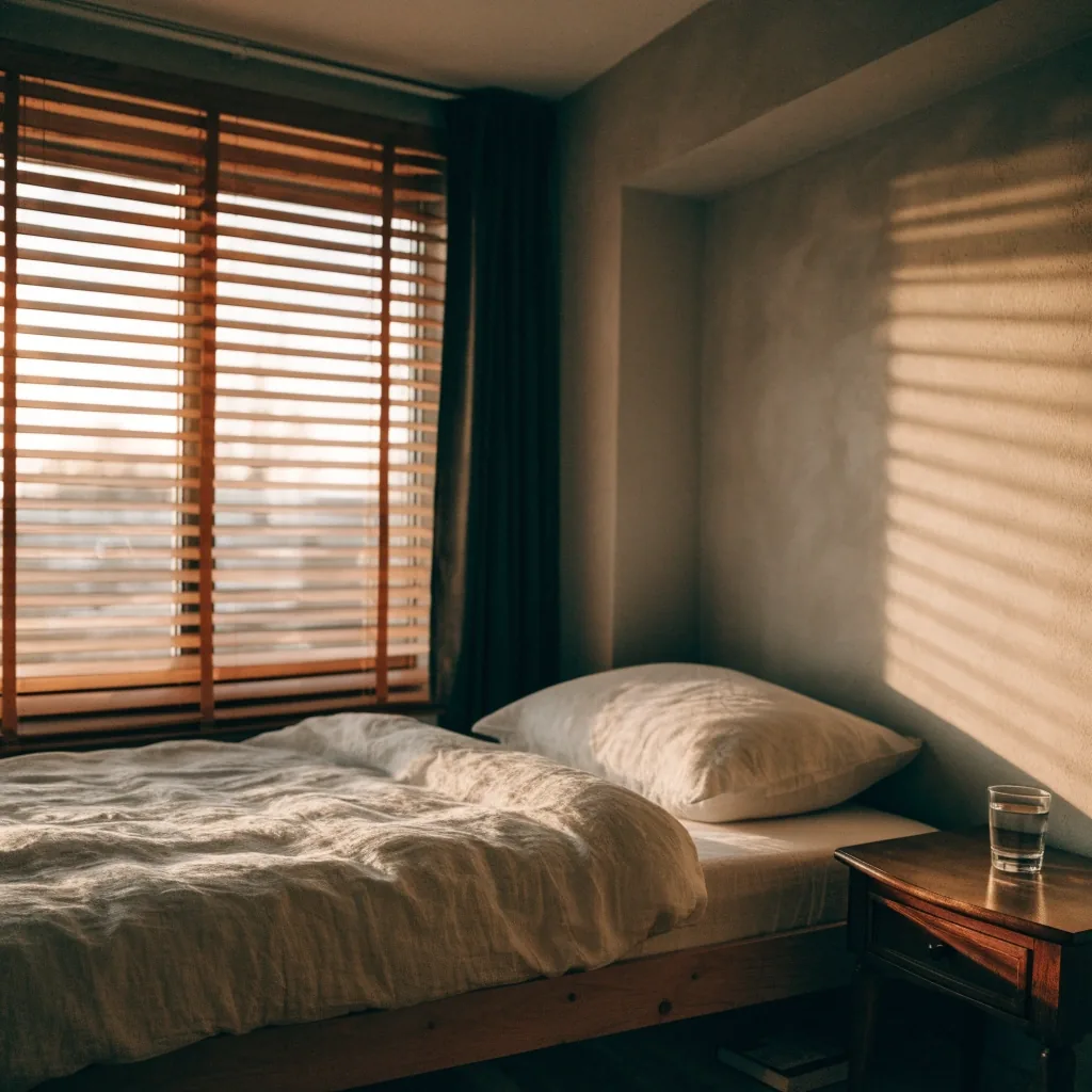 Dormitorio tranquilo con la cama hecha y luz cálida de última hora