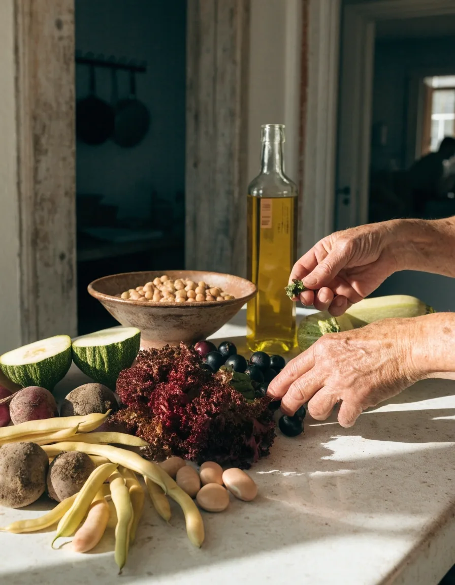 Mostrador de cocina con verduras frescas y legumbres listas para preparar