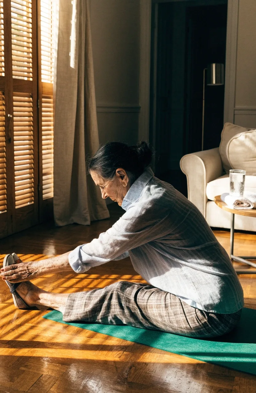 Mujer estirando sobre una esterilla en el salón con luz de mañana