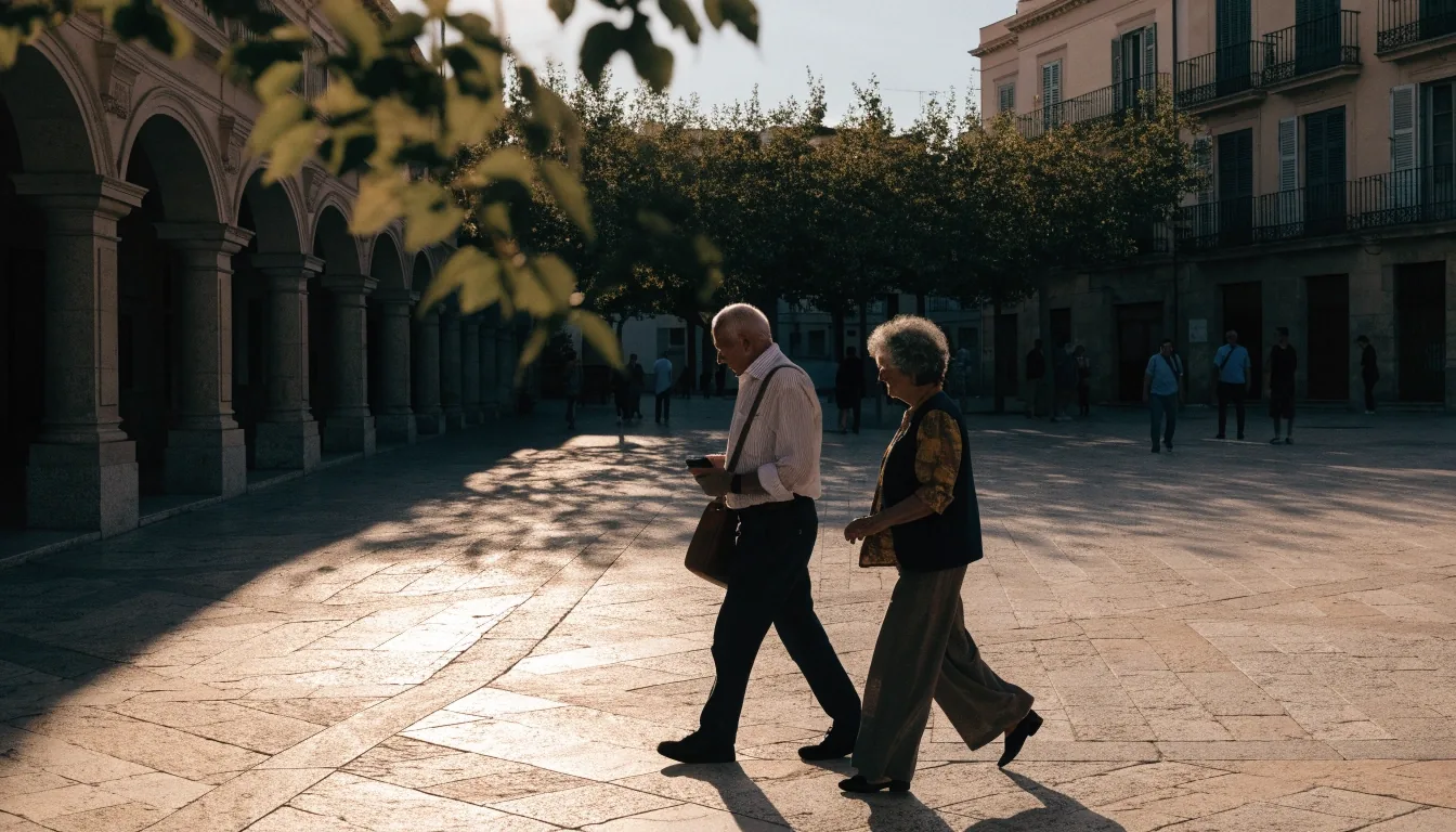 Paseo matinal por una plaza española con luz cálida de primera hora