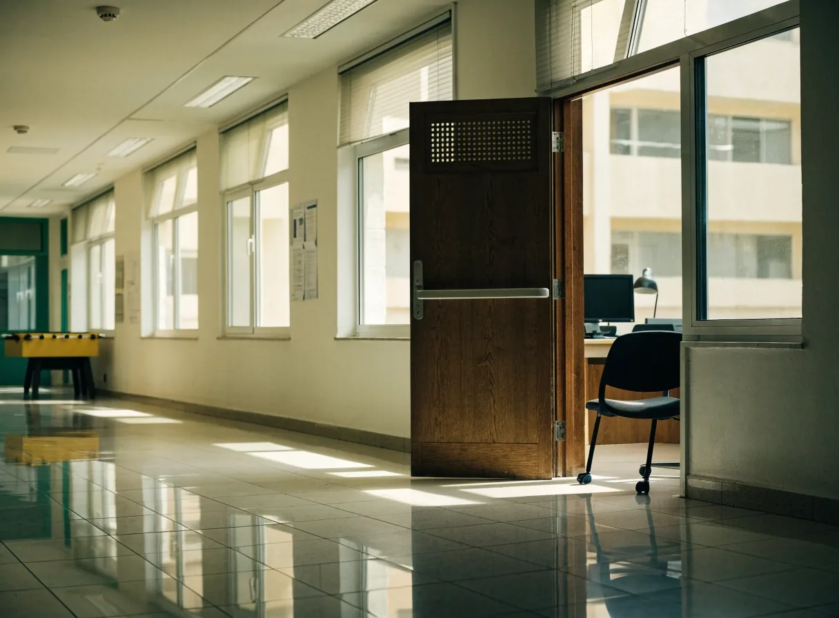 Pasillo de un centro de salud con una puerta entreabierta y una silla