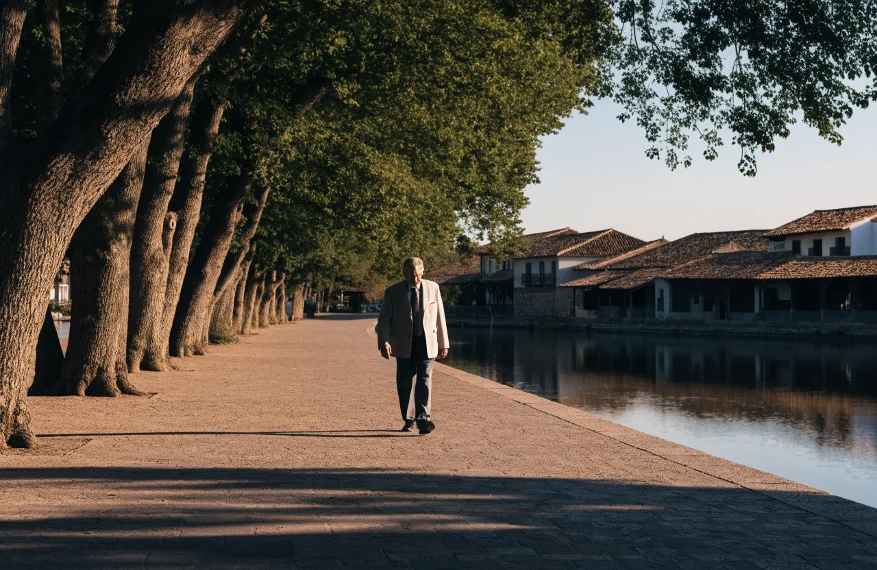 Persona caminando por un paseo fluvial en sombra al atardecer