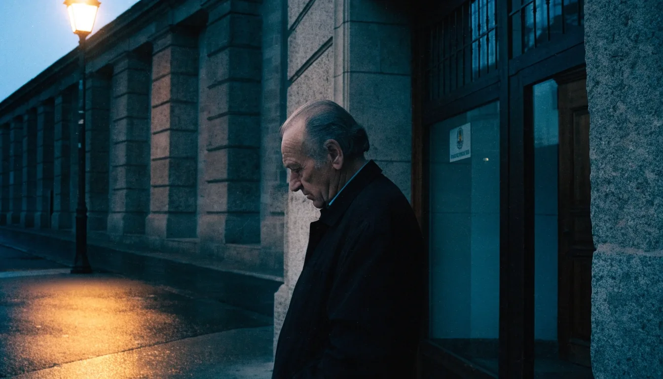 Persona esperando a las puertas de una oficina de atención al público al atardecer