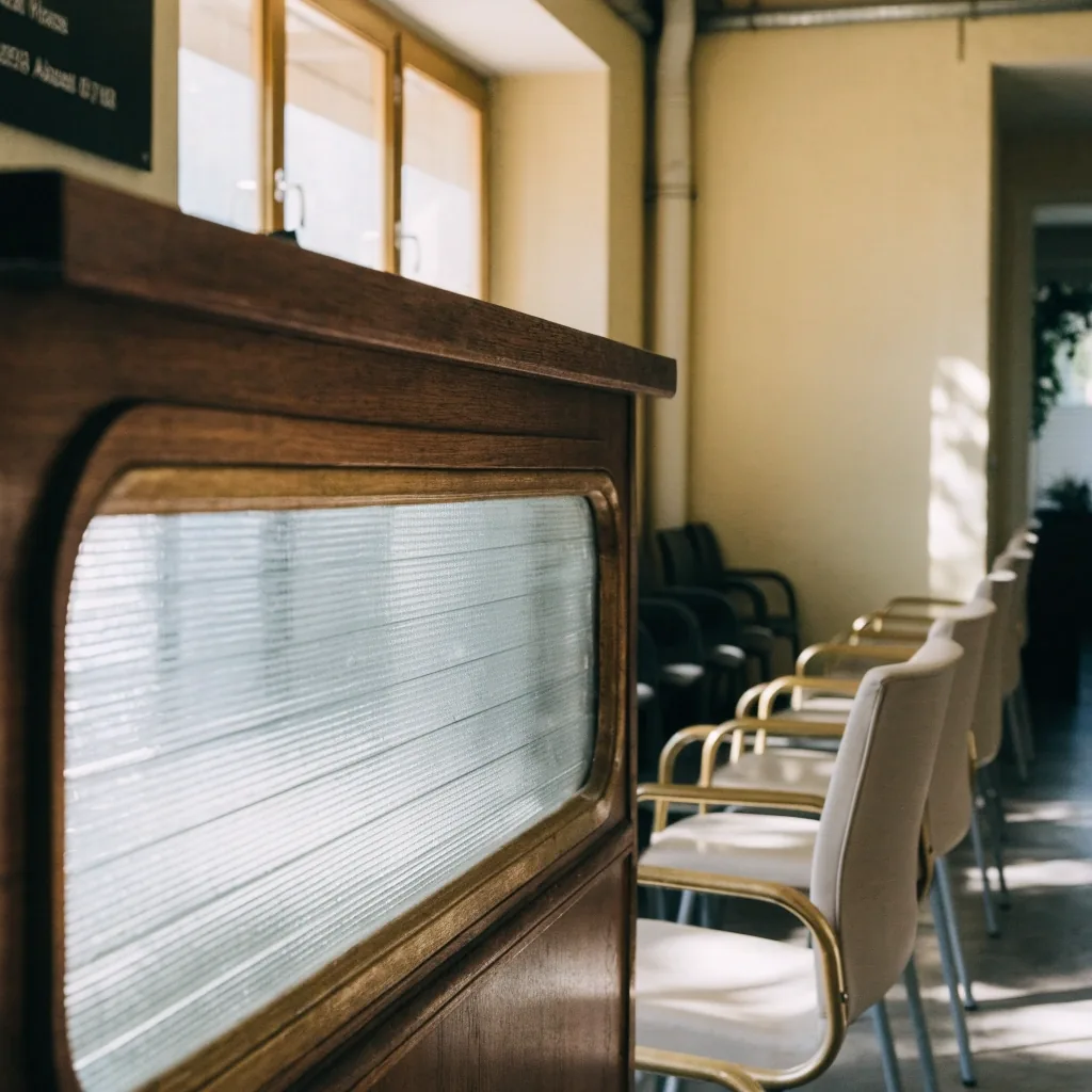 Sala de espera en una oficina de atención al público con luz natural