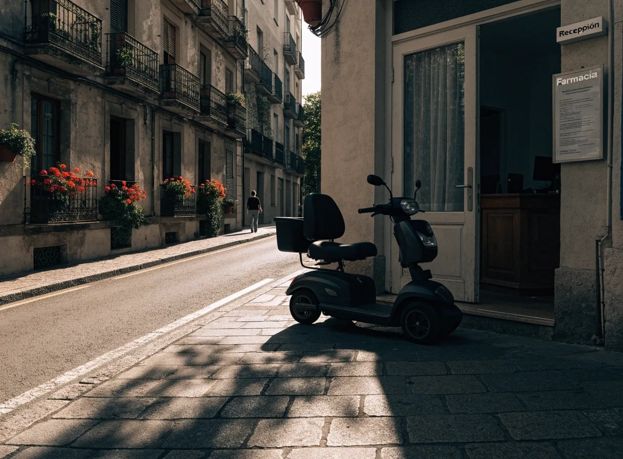 Calle residencial española por la tarde con scooters y balcones con macetas