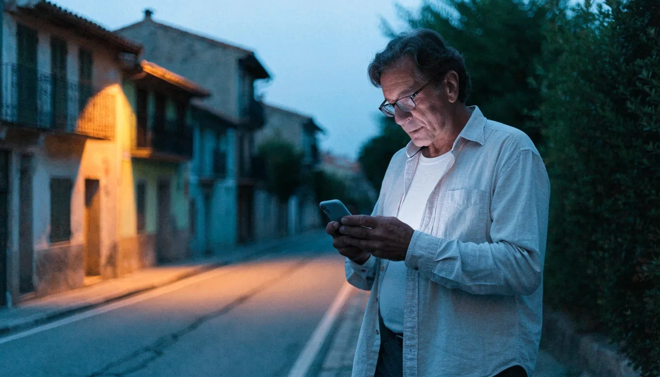 Hombre de mediana edad consultando el móvil en una calle residencial española al anochecer