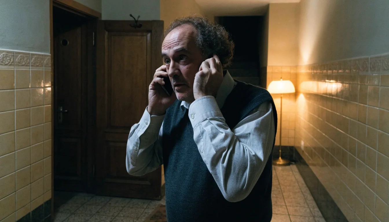 Hombre adulto en el pasillo de su casa escuchando una llamada en el móvil con gesto serio