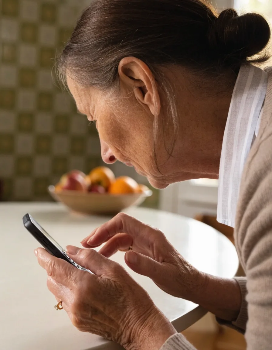 Manos de una mujer mayor ordenando el móvil y el correo sobre la mesa de la cocina