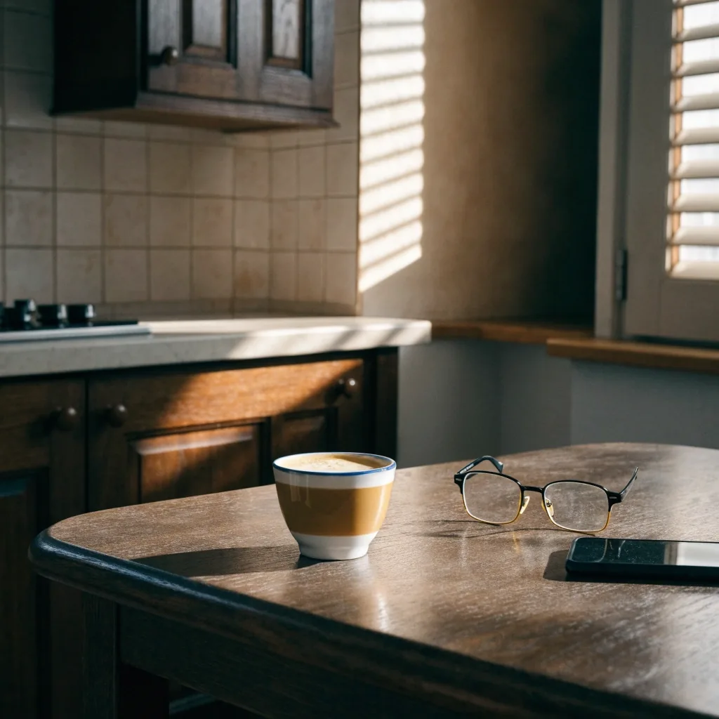 Mesa de cocina española con un teléfono boca abajo, gafas de lectura y una taza de café a la luz de la mañana