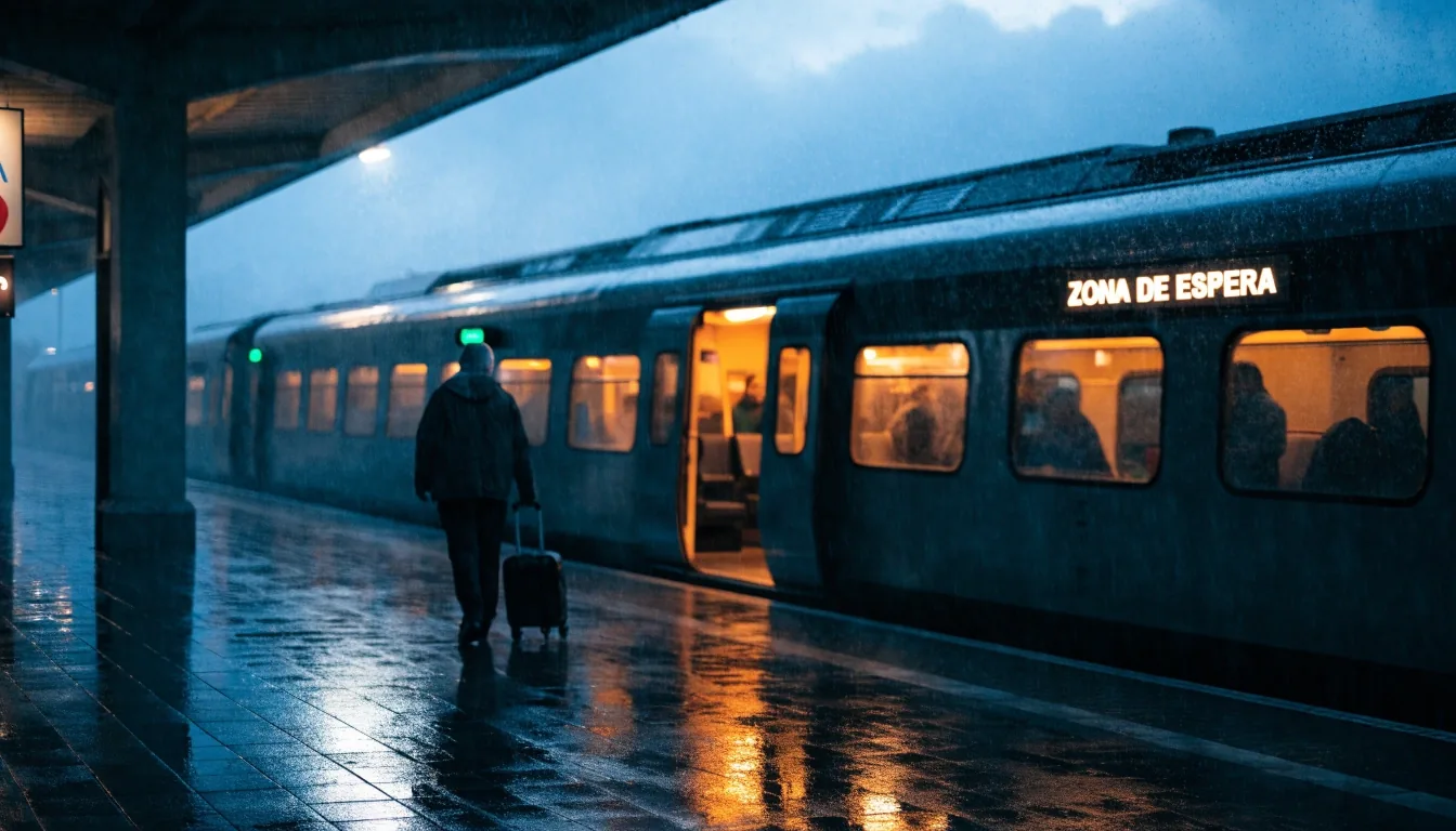 Andén de una estación de tren española en una tarde de lluvia, con un tren regional parado y luz cálida en las puertas