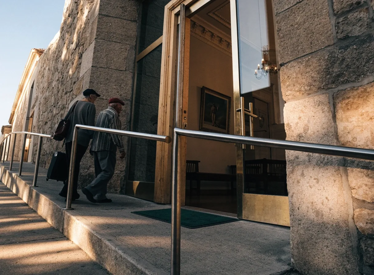 Entrada de un centro cívico español con rampa de acceso en una tarde de luz cálida