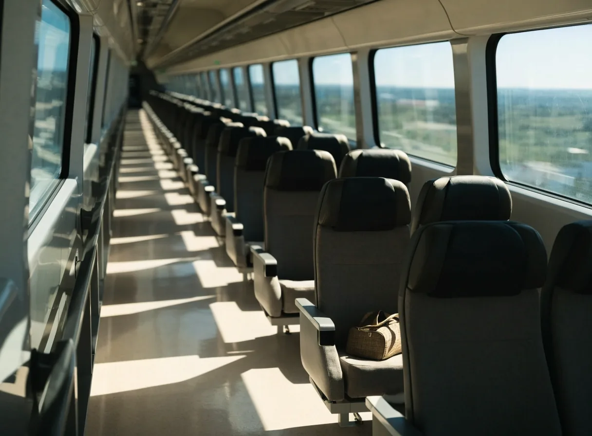 Interior de un tren de alta velocidad con luz de mediodía entrando por la ventana y un bolso de viaje sobre el asiento