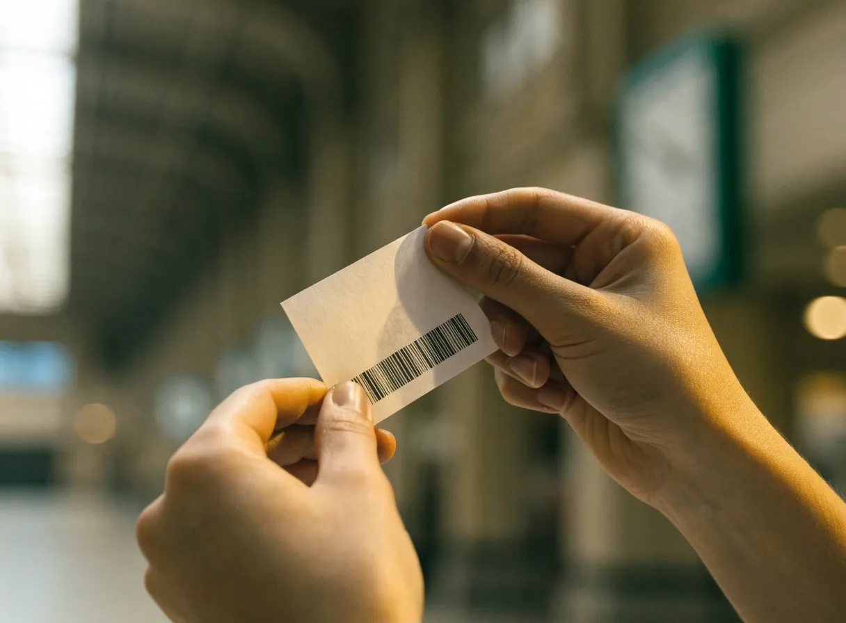 Manos sosteniendo un billete de papel en el interior de una estación, con el fondo desenfocado